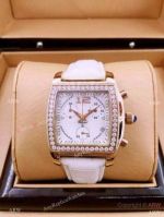Fake Chopard Ladies Watch: SS Square Diamond Bezel White Leather watch